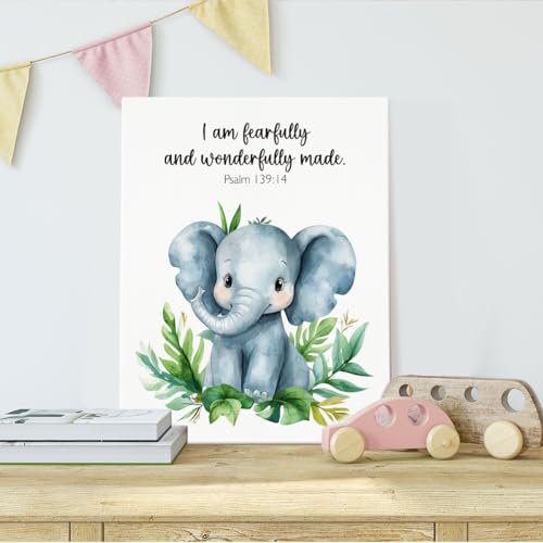 SZERE Woodland Nursery Animals Bible Verse Canvas Wall Art Decor Prints Posters, Cute Baby Elephant Forest Nursery Room Bedroom Bathroom Playroom Wall Art Decor for Nursery Kids Teen Girls Gifts, Christian Psalm 91 Wall Art Classroom Wall Decor, Canvas Fr