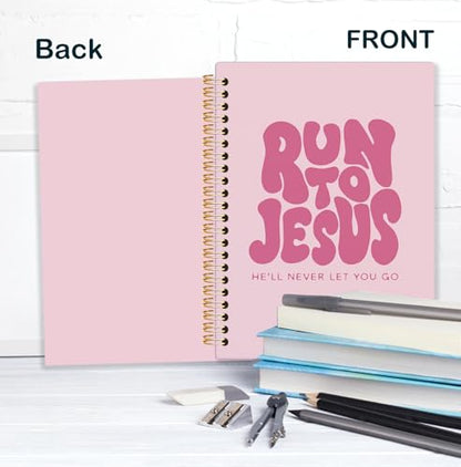 Pink Christian Spiral Notebook, Run to Jesus Bible Verse Journal, Religious Scripture Journals for Writing, Bible Notebooks for Note Taking, Church Notes Journal, 5.5x8.3 Inch - color: God-Pink