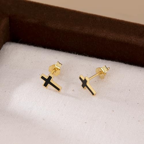 Reffeer Solid 925 Sterling Silver Cross Stud Earrings for Women Teen Small Black Cross Earrings Studs - color: B-Yellow