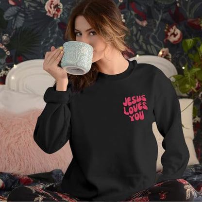 Christian Sweatshirts Women Jesus Loves You Sweatshirt Faith God Shirts Religious Hoodie Oversized Crewneck Pullover - color: Black, size: X-Large