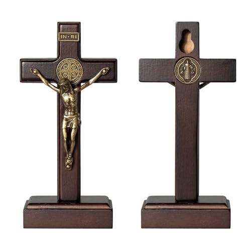 KUXBET Crucifix Wall Cross with Standing, 5inch Jesus Catholic Wooden Cross - color: Small Tabletop