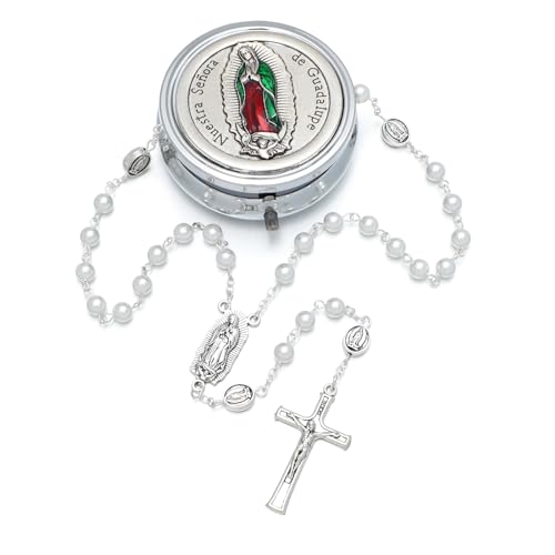 KOMI 6mm Glass Pearl Rosary Beads Catholic for Women with Metal Rosary Box Religious Gifts - style: Guadalupe-white