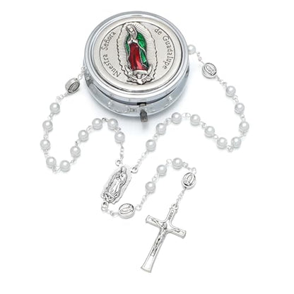 KOMI 6mm Glass Pearl Rosary Beads Catholic for Women with Metal Rosary Box Religious Gifts - style: Guadalupe-white