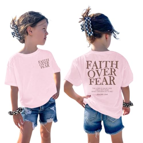 Girls Faith Over Fear Christian Shirts for Kids Jesus God Bible Verse Religious Tshirt Cute Preppy Graphic Tees Tops - color: Pink, size: 11-12 Years