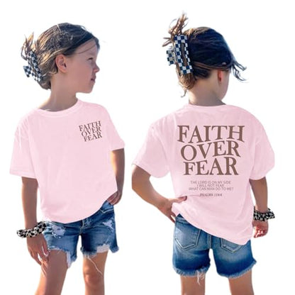 Girls Faith Over Fear Christian Shirts for Kids Jesus God Bible Verse Religious Tshirt Cute Preppy Graphic Tees Tops - color: Pink, size: 11-12 Years