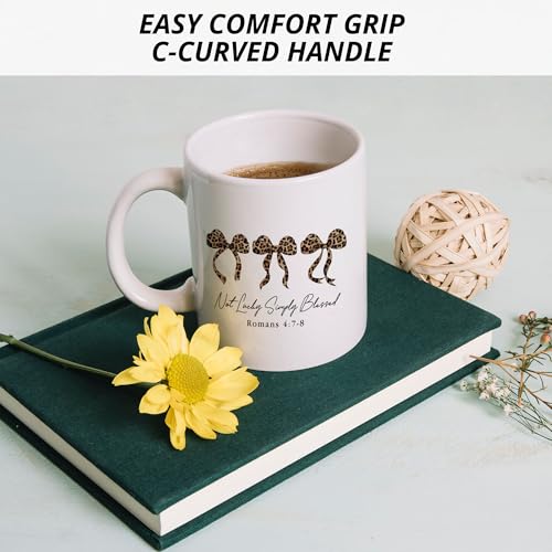 Preppy Coquette Bow Christian Mug, Trendy Leopard Bow Girly Coffee Mug Ceramic, Bible Verse Coffee Mug, Not Lucky Simply Blessed Mug Christian Gifts for Women - color: bless
