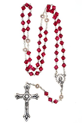 Catholic Prayer Rosary Created with Swarovski® Crystals-Glass-Silver-Gold - color: Ruby - July - SILVER
