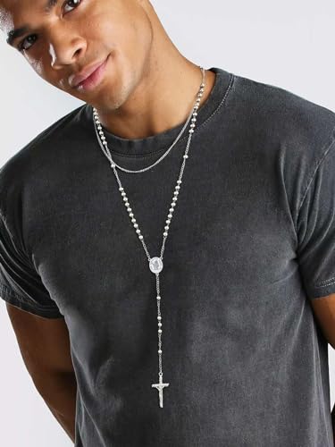 Supcare Rosary for Men Women Catholic Necklace Rosary Beads Customized - color: E01-Christopher Silver