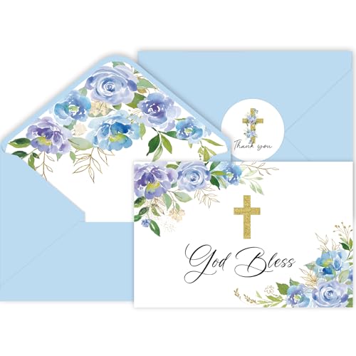 48 Pack Christian Thank You Cards, Watercolor Blue Floral Cross Baptism Thank You Cards with Envelopes & Stickers, VBS Thank You Cards First Communion & Religious Occasions - style: 48 Pcs - Blue Christian