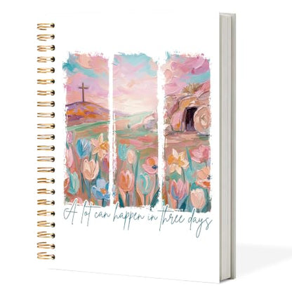 Bible Notebook for Women Men, Christian Journal,A Lot Can Happen In Three Days Cross Flowers Inspirational Christian Church Notebook Hardcover Spiral Notebook, 5.5x8.3 Inch - color: white-A Lot Can Happen In Three Days Cross Flowers