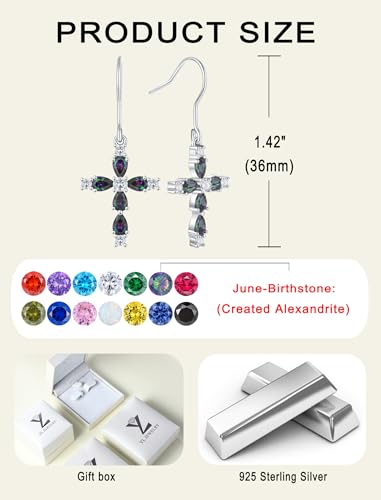 YL 925 Sterling Silver Cross Dangle Earrings Halo Birthstone Hook Earrings Religious Jewelry for Women - color: 6-alexandrite-Jun