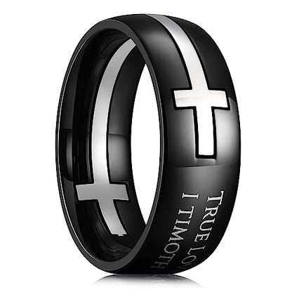 King Will Stainless Steel Men Ring Lord's Prayer Cross Ring Stainless Steel Men Wedding Ring, Wedding Band Bible Engraved Rings High Polished, Comfort Fit - color: Black Silver