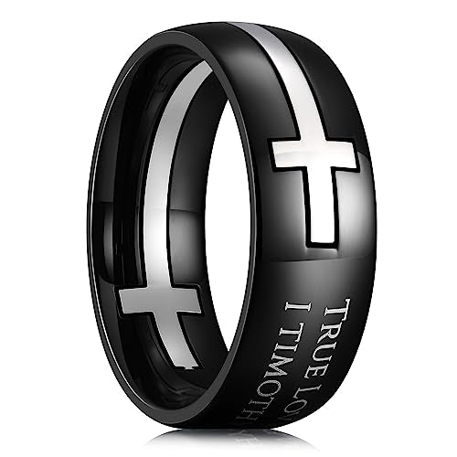 King Will Stainless Steel Men Ring Lord's Prayer Cross Ring Stainless Steel Men Wedding Ring, Wedding Band Bible Engraved Rings High Polished, Comfort Fit - color: Black Silver