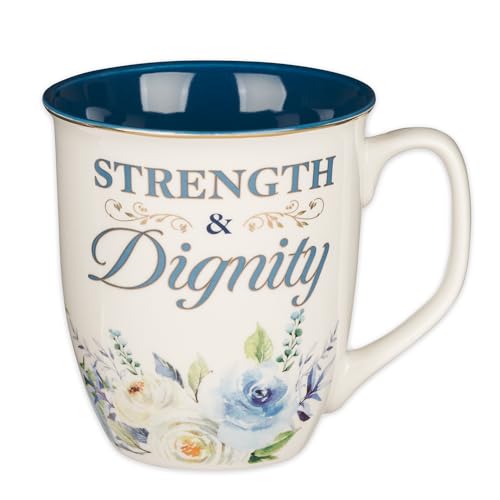 Christian Art Gifts Large Ceramic Inspirational Scripture Coffee & Tea Mug for Women: Strength & Dignity Encouraging Golden Bible Verse, Non-toxic Lead/Cadmium-free Cup, White & Blue Floral, 14 oz. - color: Blue/Strength & Dignity