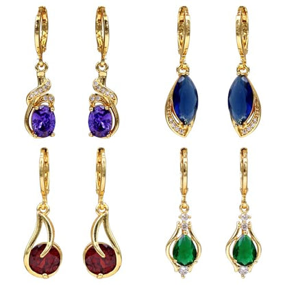 18K Gold Plated, Dangle Earrings for Women, Flower/Heart Drop earrings, Hypoallergenic Cubic Zirconia Earrings, Lightweight, Party, gold earrings, Jewelry for Gifts, Fashion - style: Drop-BigGems-4Pair