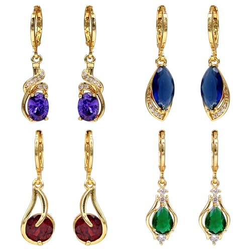 18K Gold Plated, Dangle Earrings for Women, Flower/Heart Drop earrings, Hypoallergenic Cubic Zirconia Earrings, Lightweight, Party, gold earrings, Jewelry for Gifts, Fashion - style: Drop-BigGems-4Pair