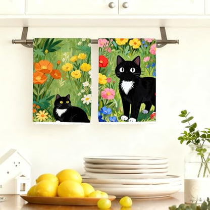 4pcs Cute Cat Kitchen Towels, 16x24 Inches Black Cat Flower Dish Towels - color: Colorful Cat Floral-02