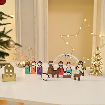 AOMOONOA Wooden Nativity Set for Kids, 12Pcs Christmas Nativity Scene - color: White