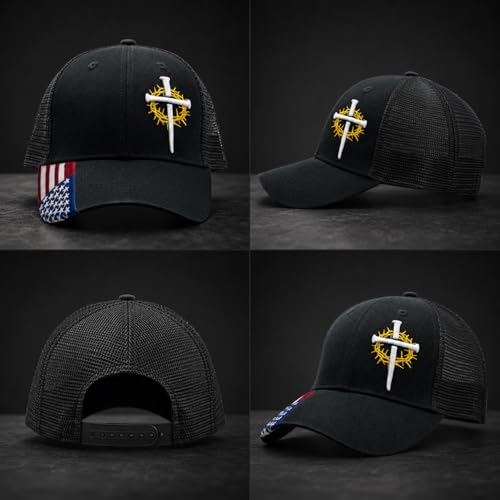 Christian Cross Baseball Cap for Men, American Flag - color: Black