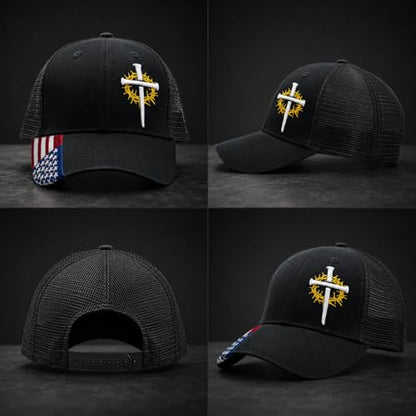 Christian Cross Baseball Cap for Men, American Flag - color: Black