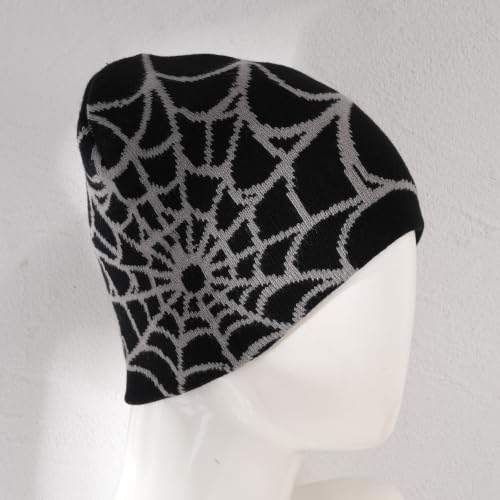Unisex Stretch Warm Winter Skull Cap, Cold Weather Knit Beanie - color: Grey Spider Web Pattern