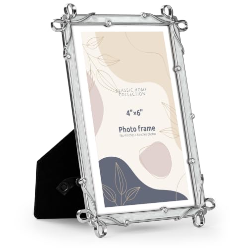 Classic Home Collection Silver Photo Frame, 4x6 Inch, Bow Accents with Crystal, Decorative Picture Frame (Silver) - color: Silver