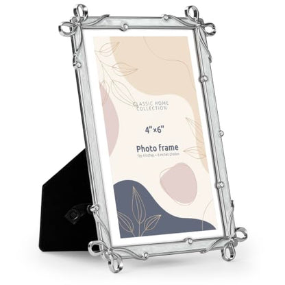 Classic Home Collection Silver Photo Frame, 4x6 Inch, Bow Accents with Crystal, Decorative Picture Frame (Silver) - color: Silver