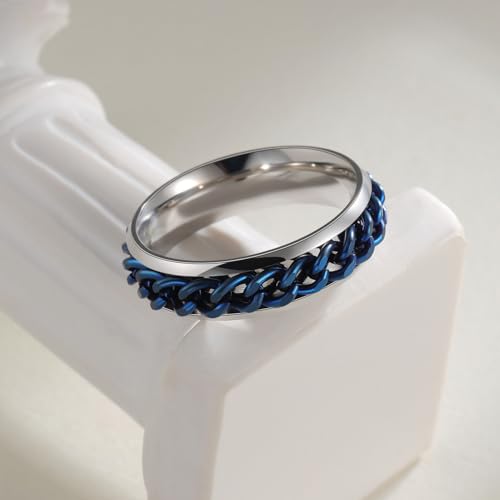 Mens Fidget Rings Anxiety Ring for Men 6mm 8mm Chain Spinner Ring Size 5-14 - color: Titanium Silver Blue