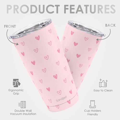 SANDJEST Heart Tumbler 20oz, Stainless Steel Travel Cup with Lid, Insulated Coffee Mug, Heart Gifts for Women Girls Friends Sisters on Birthday Christmas Valentine (Pink) - color: Heart 1