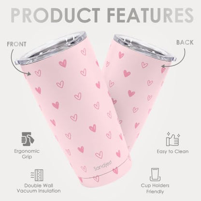 SANDJEST Heart Tumbler 20oz, Stainless Steel Travel Cup with Lid, Insulated Coffee Mug, Heart Gifts for Women Girls Friends Sisters on Birthday Christmas Valentine (Pink) - color: Heart 1