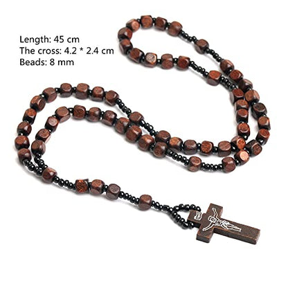 COLORFUL BLING Natural Wooden Catholic Rosaries Wood Crucifix Prayer Beads Pendant Necklace Prayer Jesus Religious Cross Rosary Necklace Handmade Jewelry - color: square dark