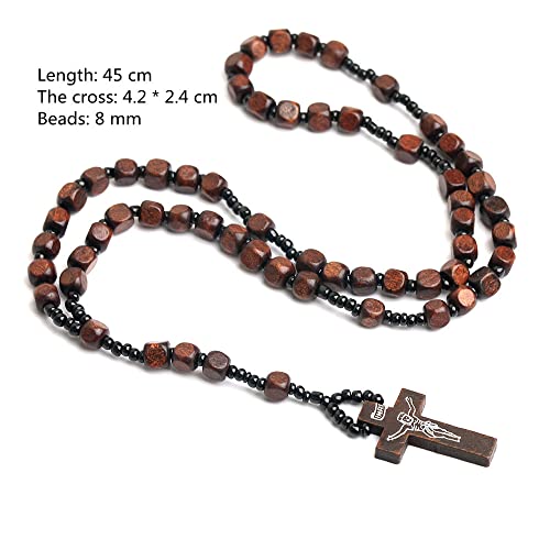 COLORFUL BLING Natural Wooden Catholic Rosaries Wood Crucifix Prayer Beads Pendant Necklace Prayer Jesus Religious Cross Rosary Necklace Handmade Jewelry - color: square dark