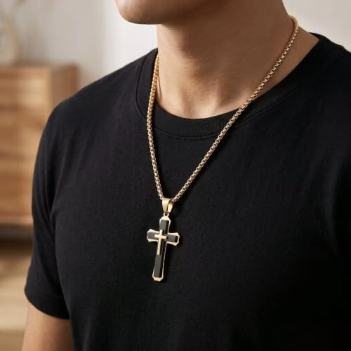 Men's Layered Cross Pendant Necklace, 2.1x1.2 inch Religious Charm, 21.6" 5mm Stainless Steel Cuban Chain, 18K Gold & Black Plated, Bonus 23.6" Square Pearl Chain, Marble Gift Box for Dad - color: Gold & Black
