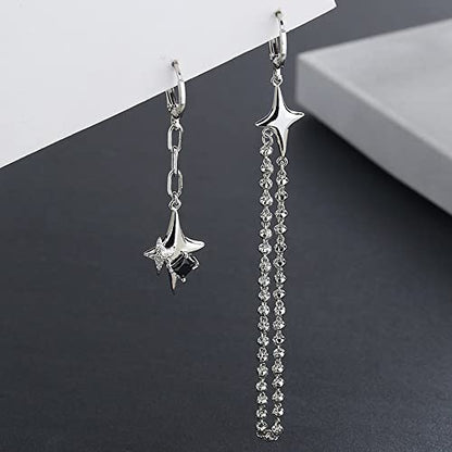 Cross Star Dangling Hoop Earrings for Women Sterling Silver Plated Crystal Cubic Zirconia Tiny beaded ball Chain Link Dangle Drop Charm Huggie Hoops Asymmetrical Tassel Earring Dainty Jewelry Gifts Hypoallergenic