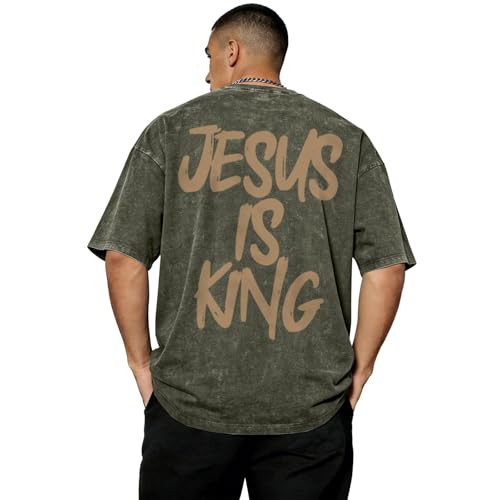 Christian Jesus is King Shirts Men God Religious Faith Bible Verse Tshirts Oversized Vintage Graphic Acid Wash Tees - color: Army Green, size: XX-Large