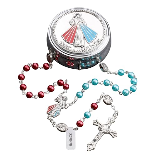 HanlinCC Divine Mercy Catholic Rosary Necklace with Steel Gift Box - color: Silver