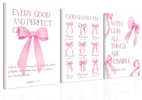 Coquette Pink Bow Wall Art Decor Canvas Posters Framed, Inspirational Bible Verses Bow Wall Decor,Room Bedroom Bathroom Decor Aesthetic for Teen Girls Gifts, 12x16 Inch Set of 3 Bow Pictures - color: Bow canvas, size: 16L"x12W"