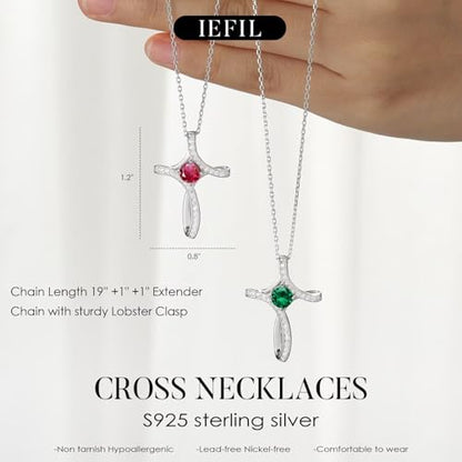 Iefil Cross Necklace for Women - Birthstone Necklace for Women Wife Her - color: 03-March-Aquamarine Light Blue