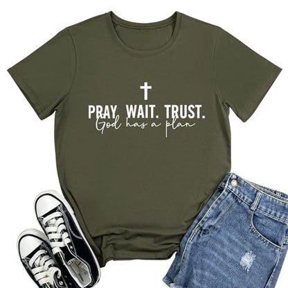 LOOKFACE Women Pray Wait Trust Soft Tees Cute Graphic T Shirts - color: Army Green, size: Large