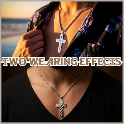 Ecally 8 Pcs Christian Cross Necklace for Men Father Religious Black Silver Stainless Steel Cross Church Gift USA Flag Chain - color: Silver