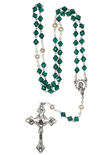 Catholic Prayer Rosary Created with Swarovski® Crystals-Glass-Silver-Gold - color: Emerald - May - SILVER