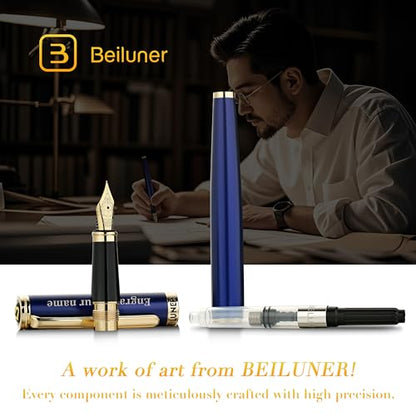 BEILUNER Blue Personalized Fountain Pen,Stunning Luxury Lacquer,24K Gilded Nib(Fine),Gorgeous 24K Gold Finish, Ink Converter,Fancy Gift for Men&Women-Elegant, Graduation,Nice Pens for Writing - color: ,Blue with Gold (Personalized), style: Fine Nib