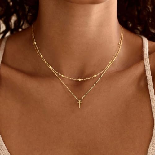 Cross Necklace for Women, Dainty Gold Necklace Tiny Cross Charm Necklace - color: Gold-Beaded+Cross