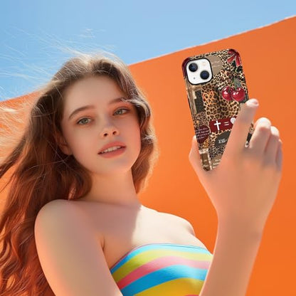 for iPhone 15 6.1'' Brown Cheetah Christian Phone Case - color: Red Cherry Leopard Collage, size: iPhone 15