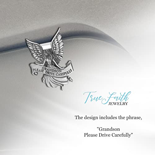 True Faith Jewelry Pewter Grandson Please Drive Carefully Car Guardian Angel Visor Clip, New Driver Gifts from Grandma and Grandpa, Fine Pewter (92% Tin), 2-1/4 x 1-5/8 Inch - size: Grandson Angel 1