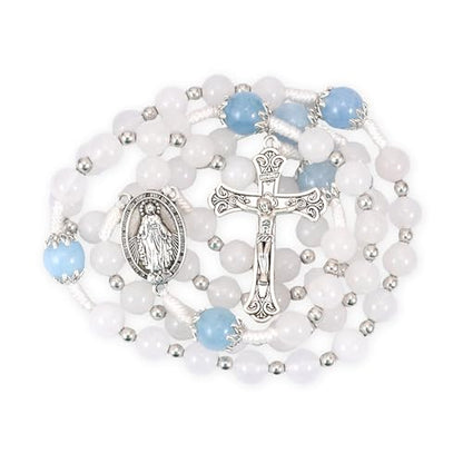 Nazareth Store 8mm White Jade & 10mm Natural Stone Beads Rosary Necklace St. Miraculous Medal & Cross Crucifix Catholic Prayer Beads Religious Jewelry - color: Aquamarine