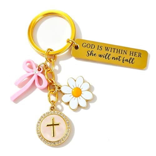 Christian Gifts Inspirational Bible Verse Religious Cross Keychain - color: Gold-1