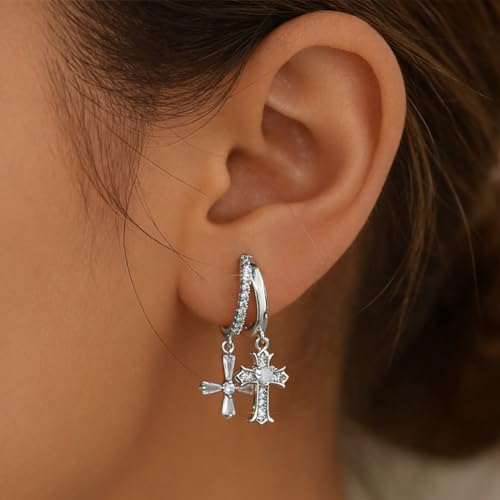 Double Huggie Hoop Earrings with Charms Cross Dangle Earrings Gold/Silver Double Cross Drop Hoop Earrings for Women Men Trendy - style: Style A-Silver