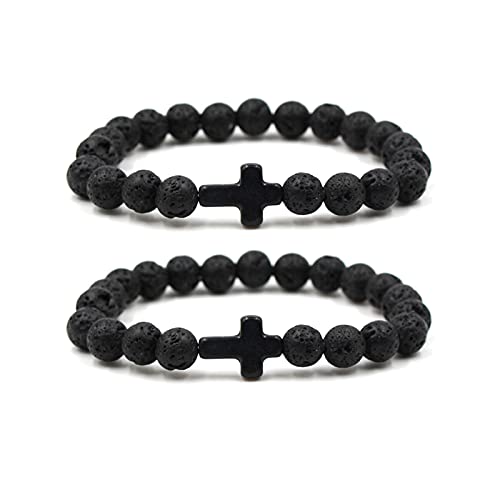FORUBUS Lava Rock Stone Beaded Bracelet, Cross Charm Natural Volcanic Stone beads Turquoise Stretch Bracelet for Women Men Religion Jewelry Pray Baptism Gift - color: A 2pcs black lava