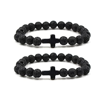 FORUBUS Lava Rock Stone Beaded Bracelet, Cross Charm Natural Volcanic Stone beads Turquoise Stretch Bracelet for Women Men Religion Jewelry Pray Baptism Gift - color: A 2pcs black lava